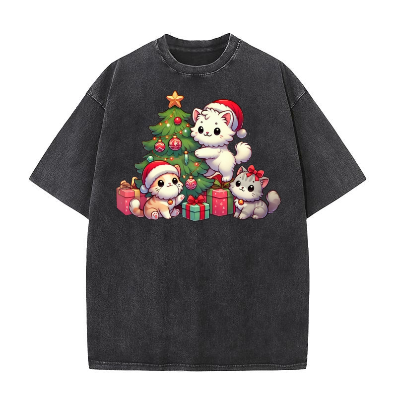 Cats in a Playful Christmas Washed T-Shirt