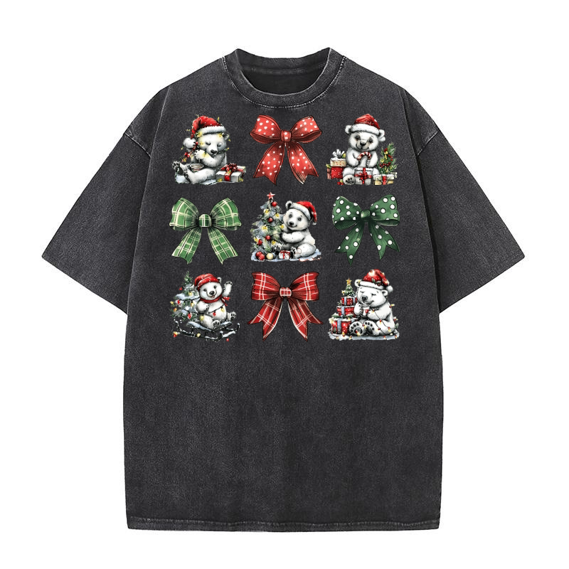 Christmas Coquette Bow Polar Bear 2 Washed T-Shirt