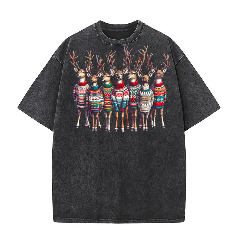 Festive Reindeer in Christmas Sweaters Washed T-Shirt