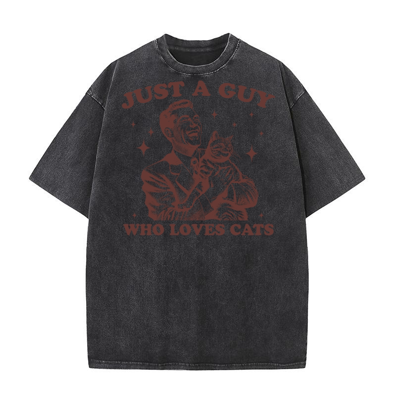 Just A Guy Who Loves Cats L Brown Washed T-Shirt