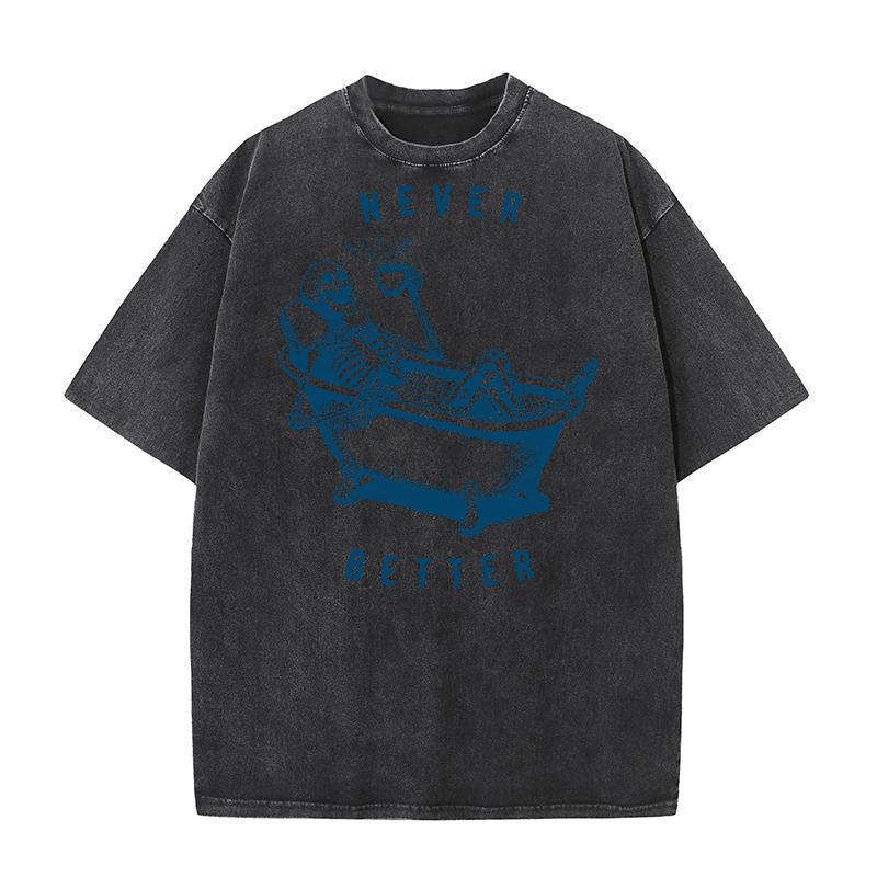 Never Better Skeleton In Bathtub L Blue Washed T-Shirt
