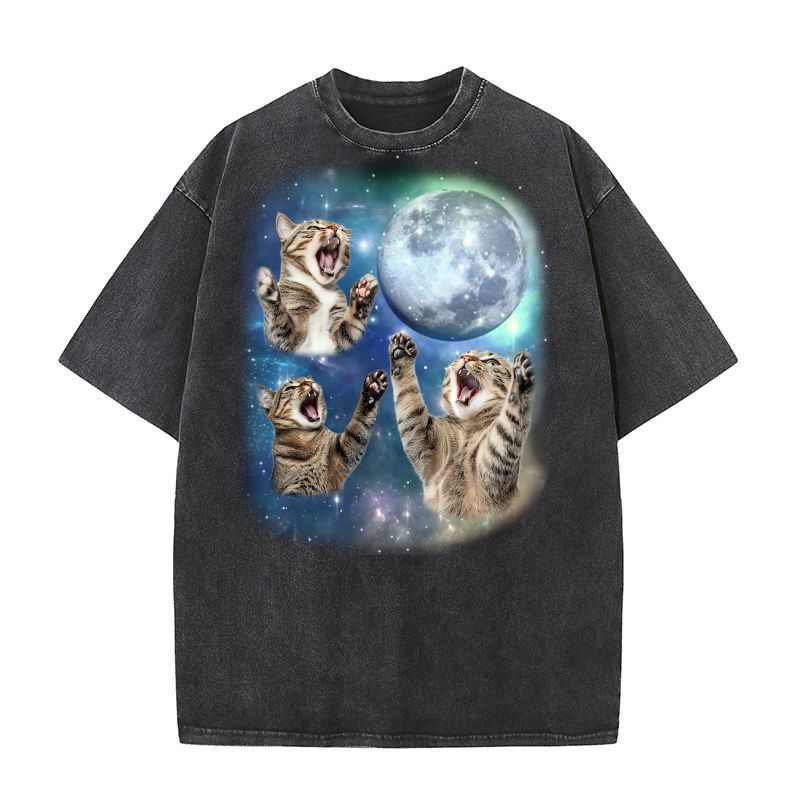 Three Tabby Cat Moon Weird Washed T-Shirt