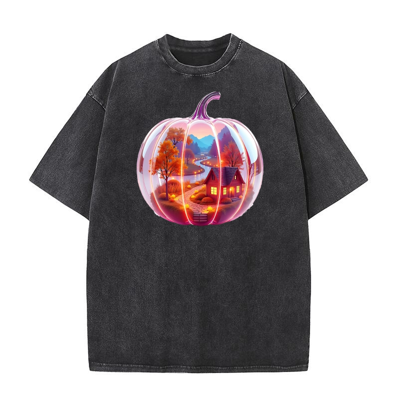 Transparent Pumpkin with Landscape 1 Washed T-Shirt