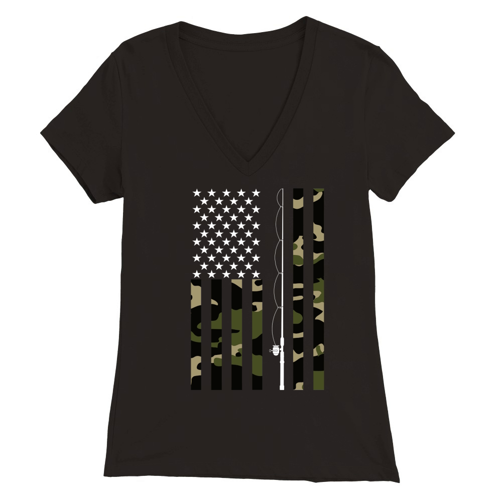 Camo US Flag Fisherman Vintage Fishing Patriotic Angler Premium Womens V-Neck T-shirt