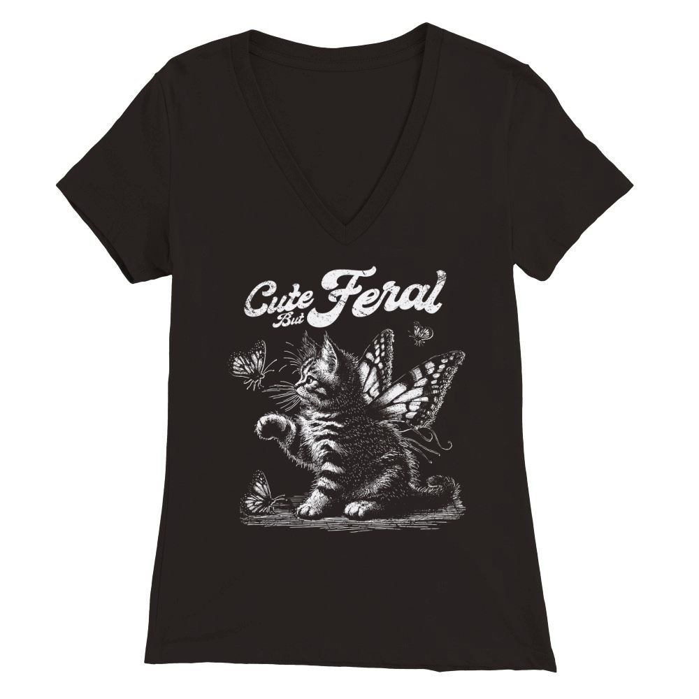 Kitty Cat with Butterfly Wings D White GR Premium Womens V-Neck T-shirt