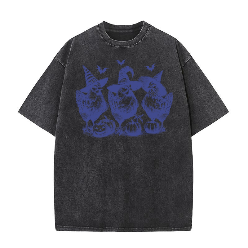 Chicken Witches Funny Halloween L vBlue Washed T-Shirt