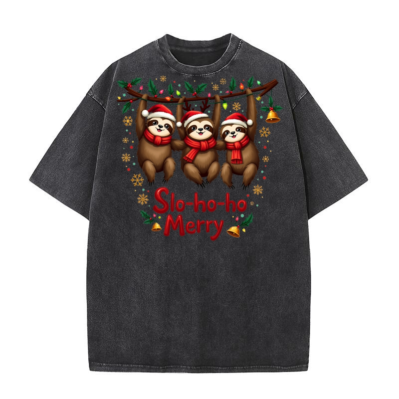 Slo ho ho Merry Sloth Christmas Washed T-Shirt