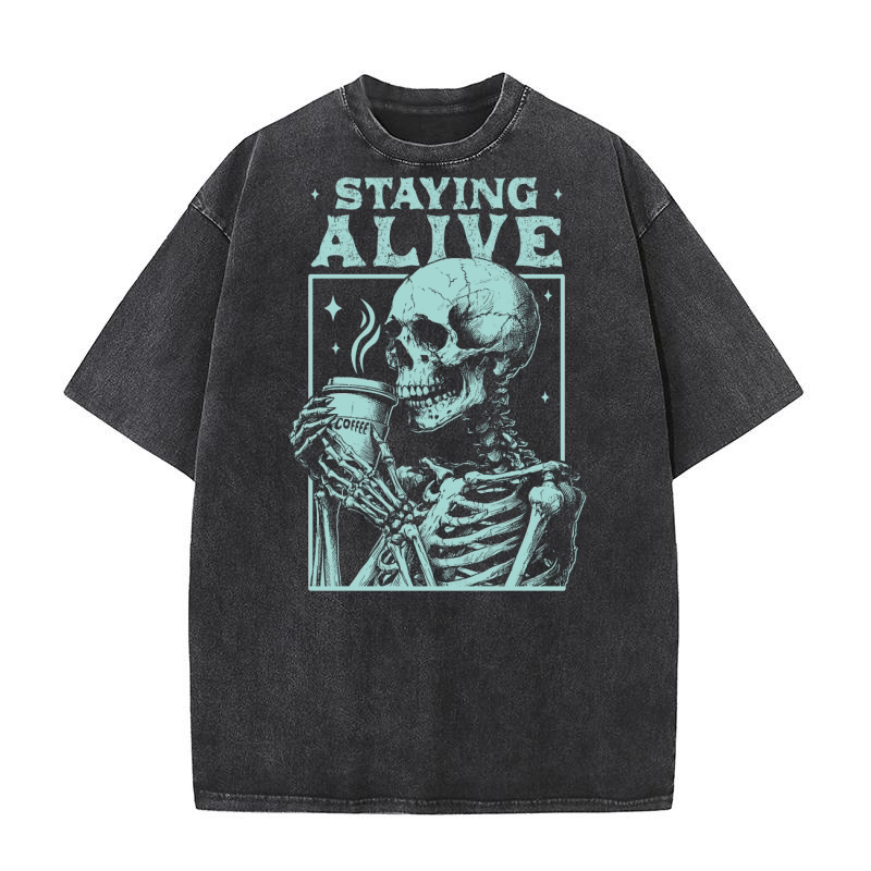 Staying Alive Skeleton Coffee D Green Washed T-Shirt