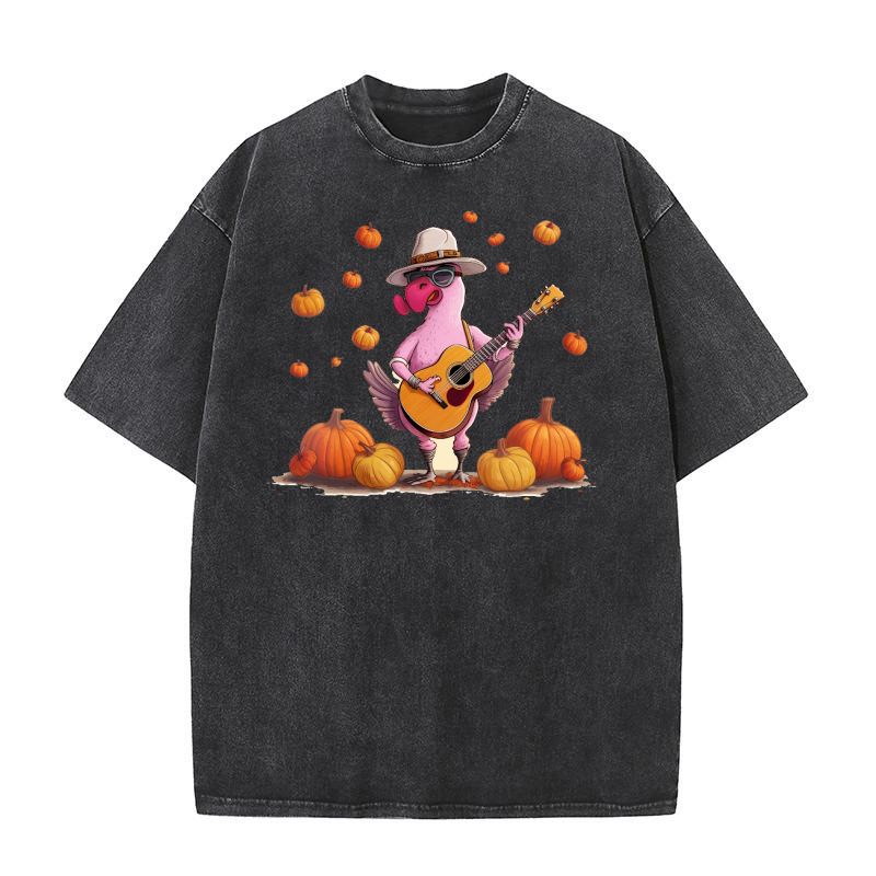 Turkey Playing Guitar Funny Thanksgiving Washed T-Shirt