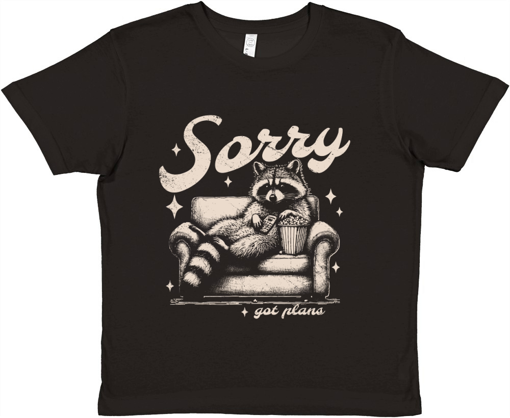 Sorry Got Plans Raccoon Sofa Popcorn D Retro White GR Premium Kids Crewneck T-shirt