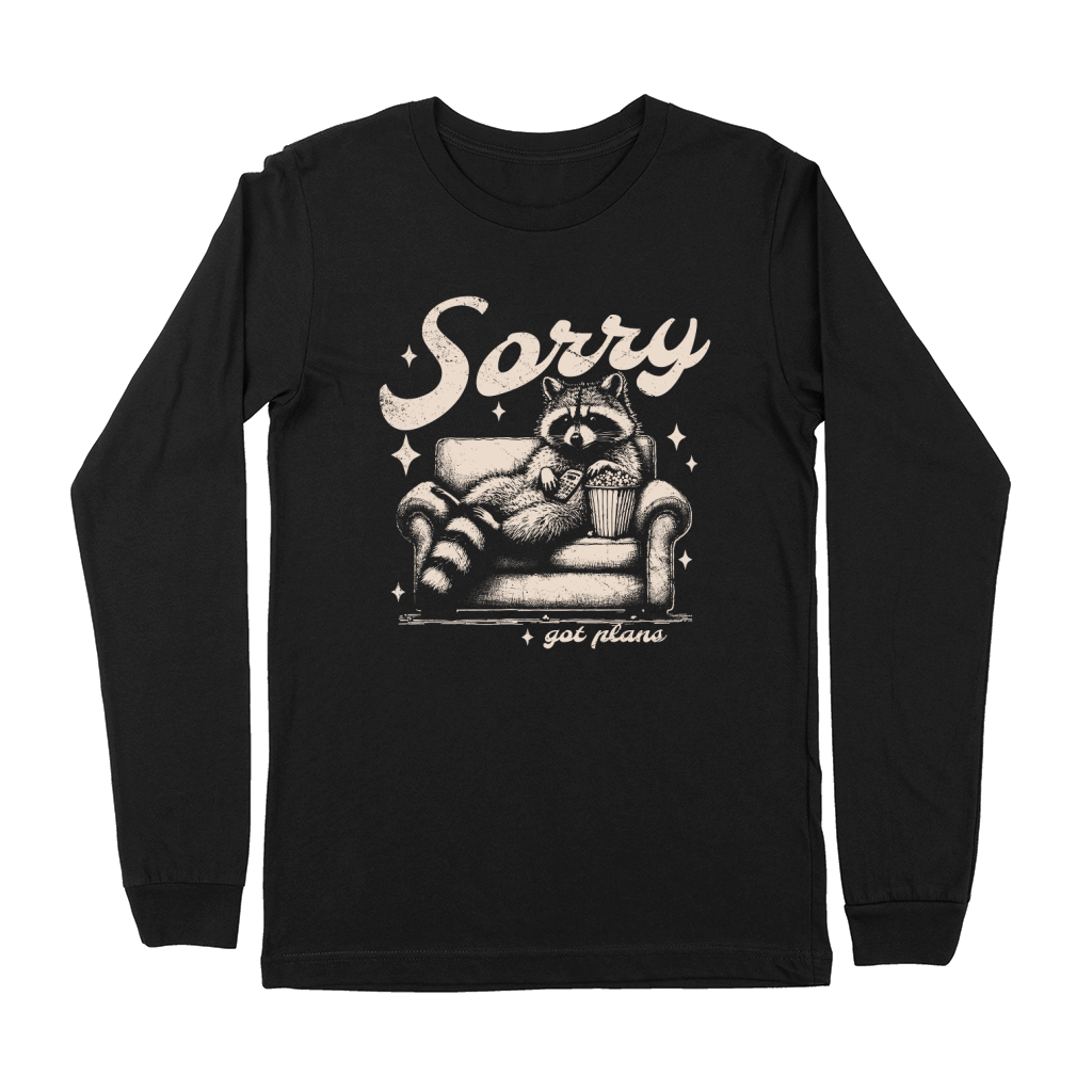 Sorry Got Plans Raccoon Sofa Popcorn D Retro White GR Premium Long Sleeve