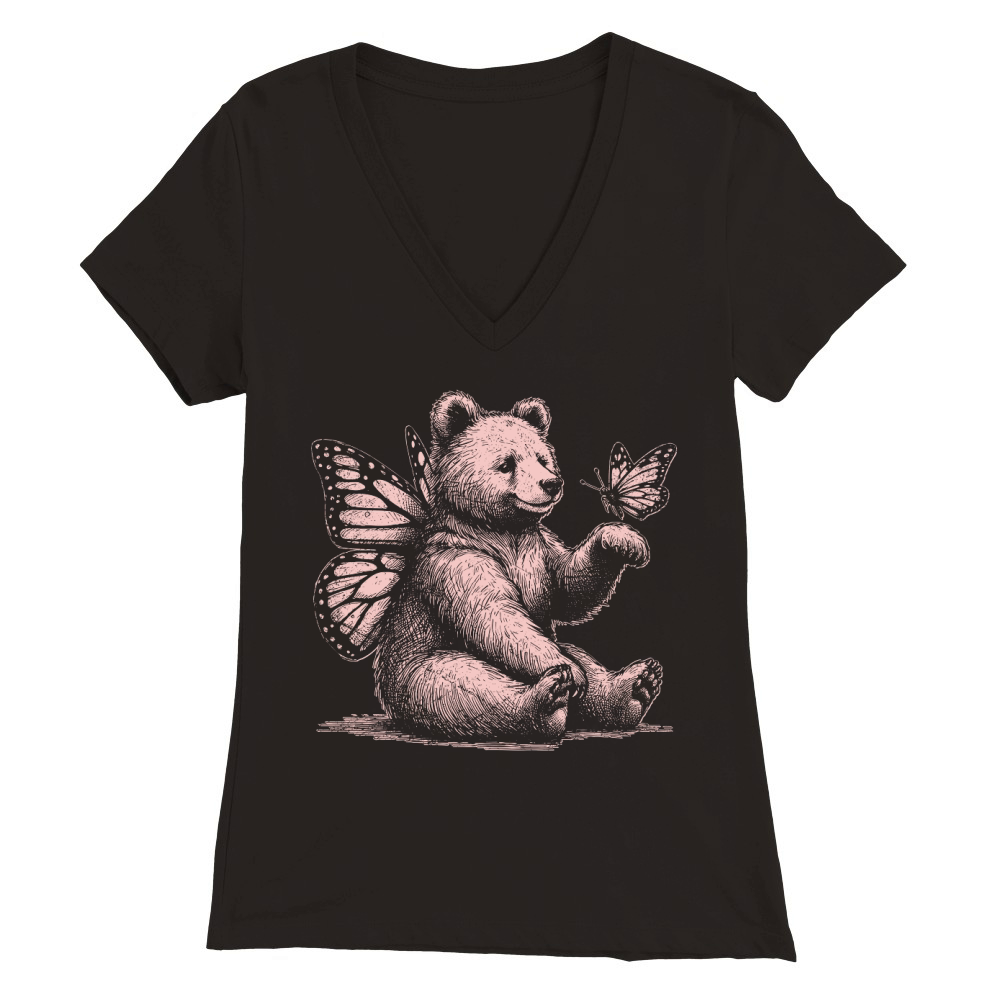 Bear With Butterfly Wings Vintage D Pink GR Premium Womens V-Neck T-shirt