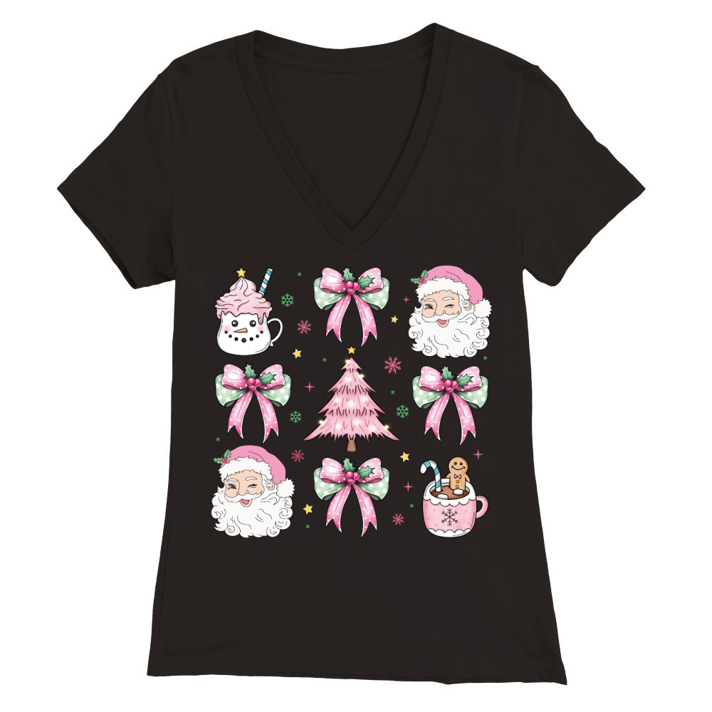 CoquetteChristmasSantaCoffeeBow Pink Premium Womens V-Neck T-shirt
