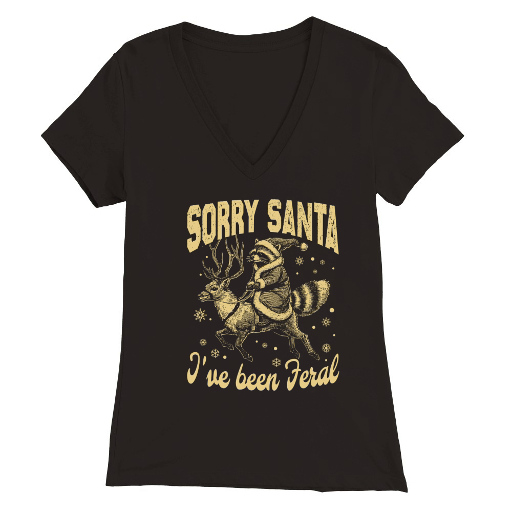 Raccoon Santa Riding Reindeer D Yellow Premium Womens V-Neck T-shirt