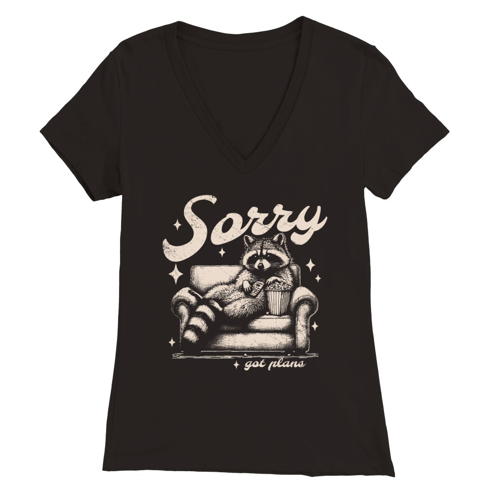Sorry Got Plans Raccoon Sofa Popcorn D Retro White GR Premium Womens V-Neck T-shirt