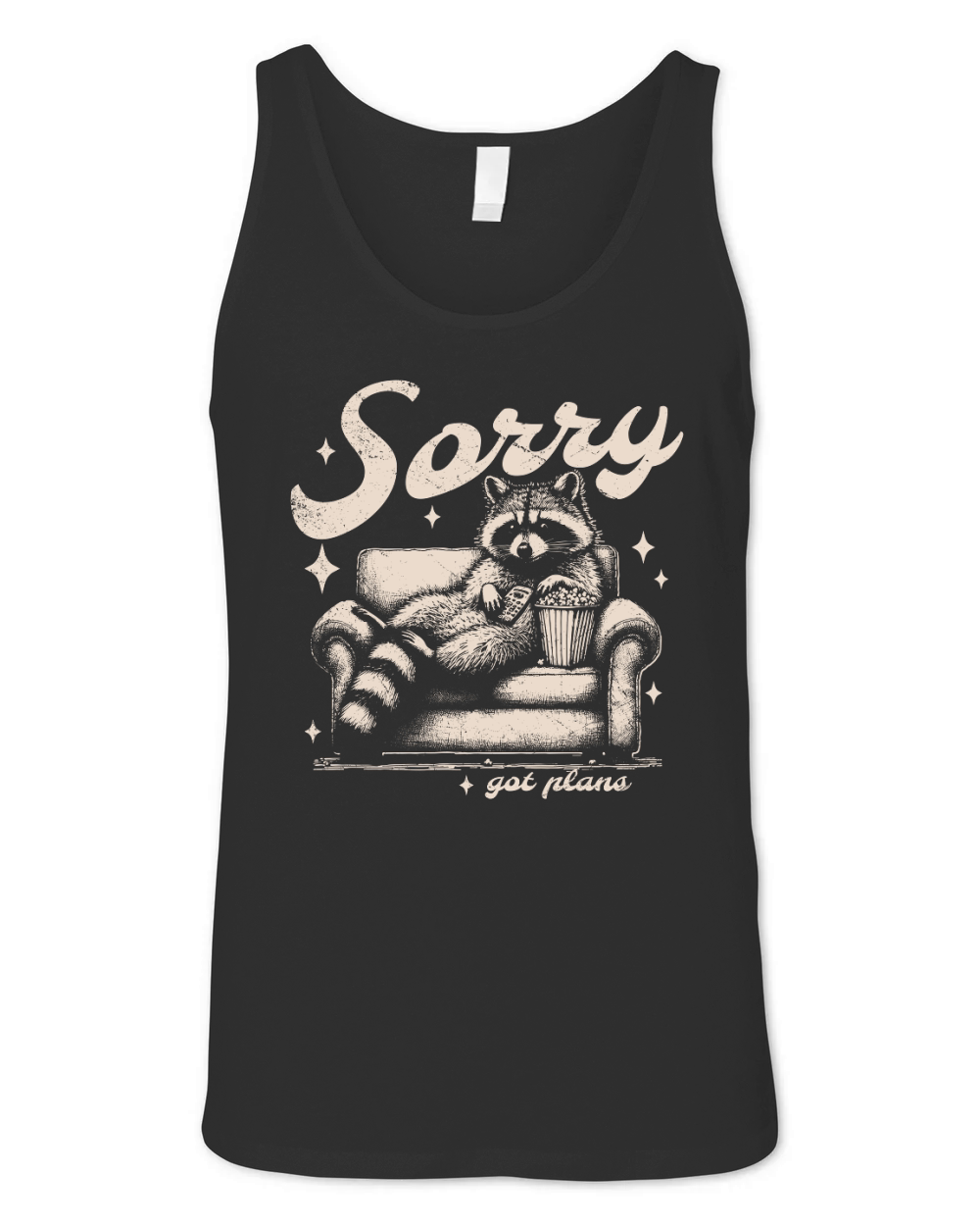 Sorry Got Plans Raccoon Sofa Popcorn D Retro White GR Unisex Jersey Tank