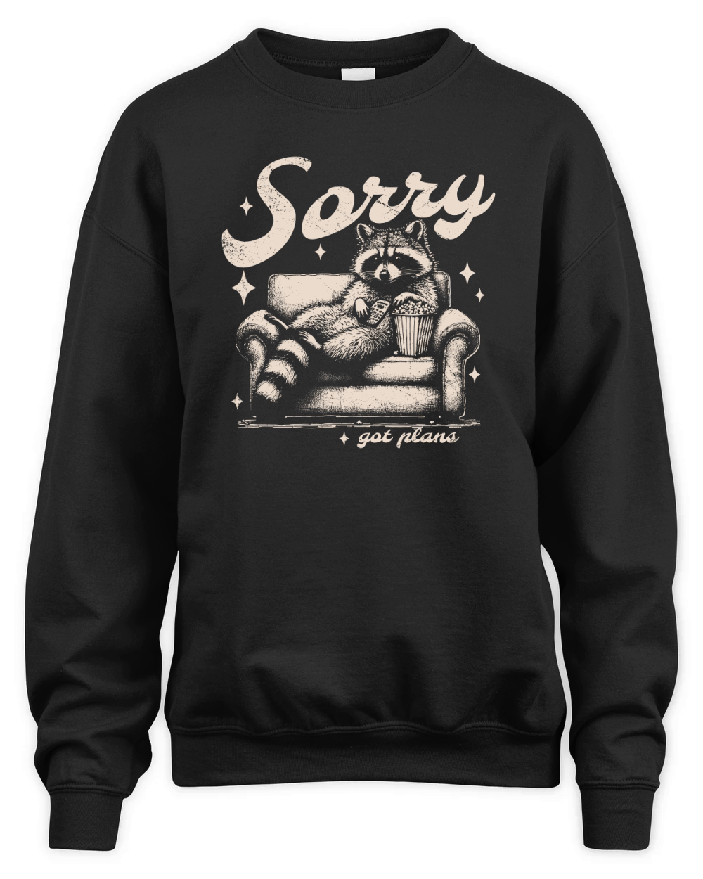 Sorry Got Plans Raccoon Sofa Popcorn D Retro White GR Unisex Premium Crewneck Sweatshirt