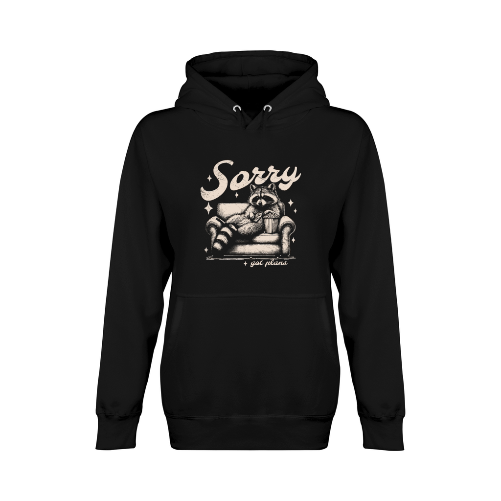 Sorry Got Plans Raccoon Sofa Popcorn D Retro White GR Unisex Premium Pullover Hoodie