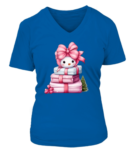 Christmas Pink Snowman Reading Clipart V-neck T-Shirt Woman