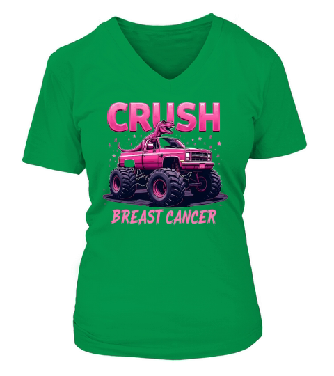Crush Breast Cancer Pink Monster Truck with Dinosaur V-neck T-Shirt Woman