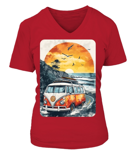 Vintage Van Summer Road Trip V-neck T-Shirt Woman