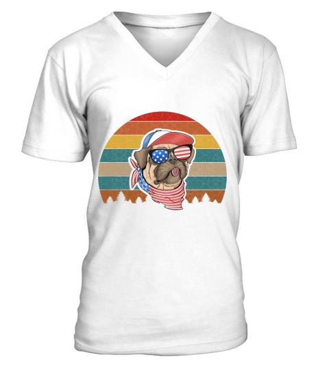 American Flag Pug V-Neck T-shirt