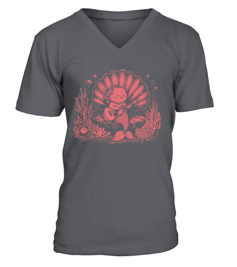 Cat Mermaid Playing Guitar D Red V-Neck T-shirt