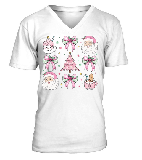 CoquetteChristmasSantaCoffeeBow Pink V-Neck T-shirt
