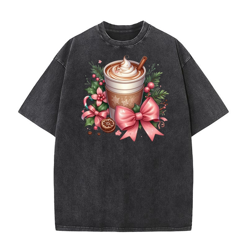 Christmas Coffee Pink Coquette Bow (8) Washed T-Shirt