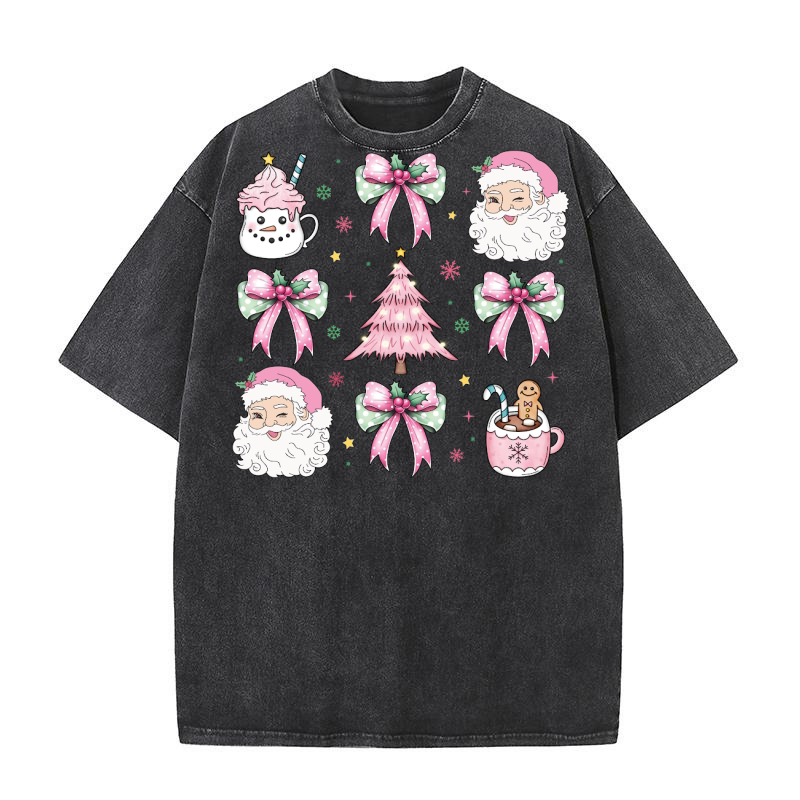 CoquetteChristmasSantaCoffeeBow Pink Washed T-Shirt