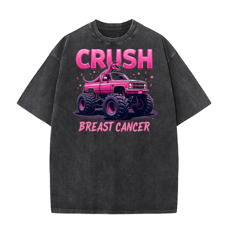 Crush Breast Cancer Pink Monster Truck with Dinosaur Washed T-Shirt