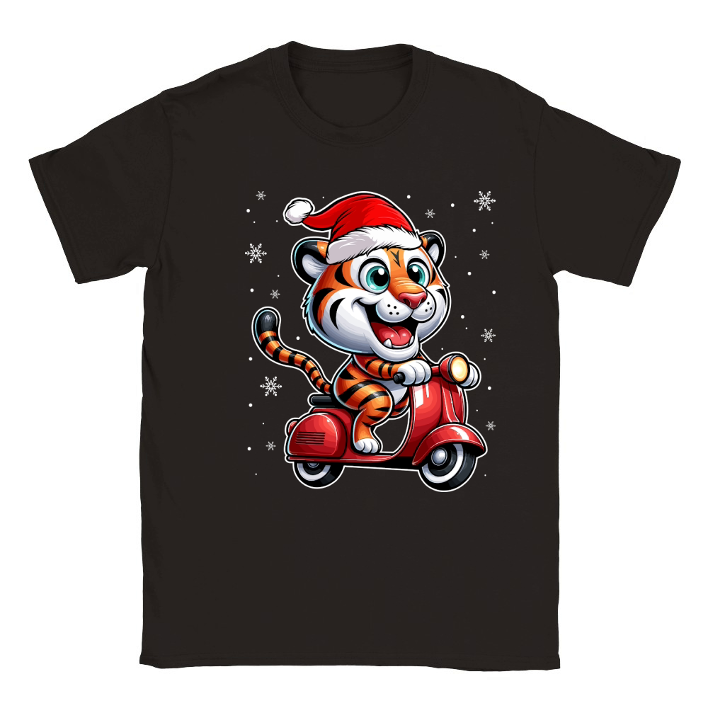 adorable tiger Riding Scooter wearing santa hat 1 Classic Kids Crewneck T-shirt