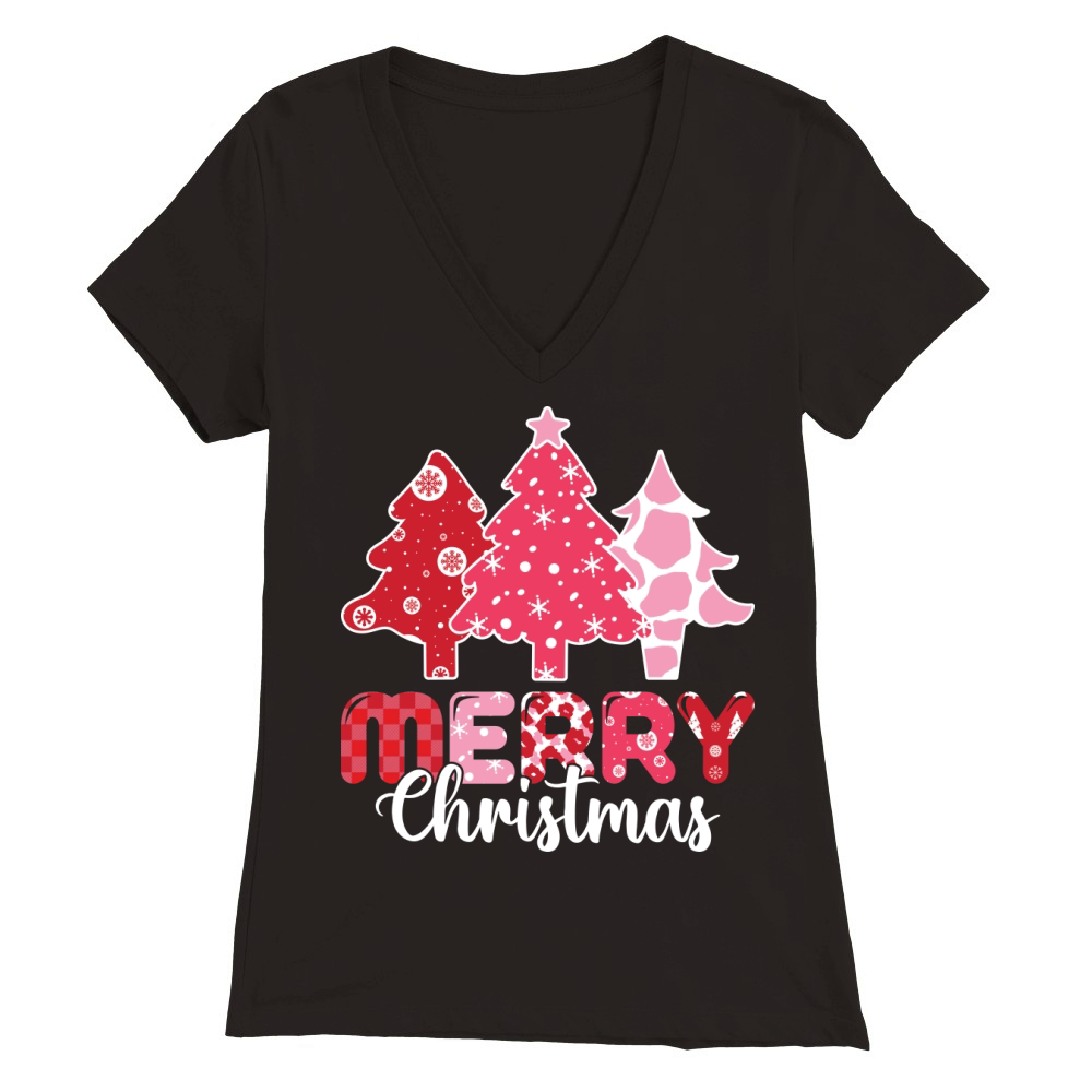 Merry Christmas Pink Trees Christmas Shirt Premium Womens V-Neck T-shirt