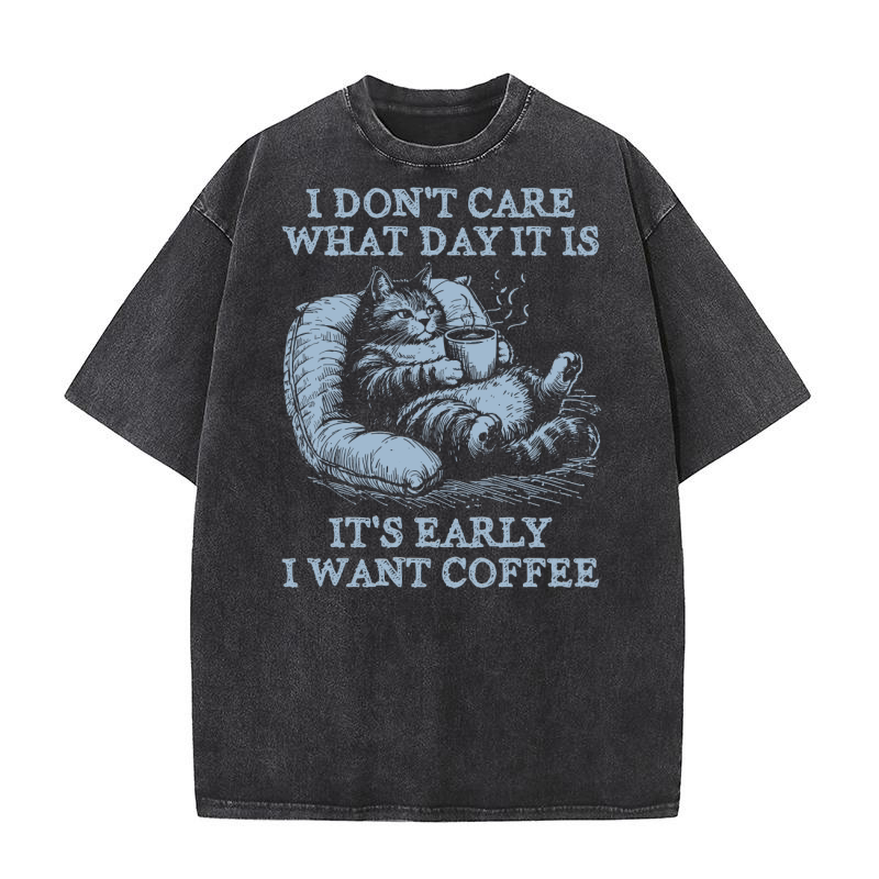 Cat Don’t Care Just Want Coffee D Grey Washed T-Shirt