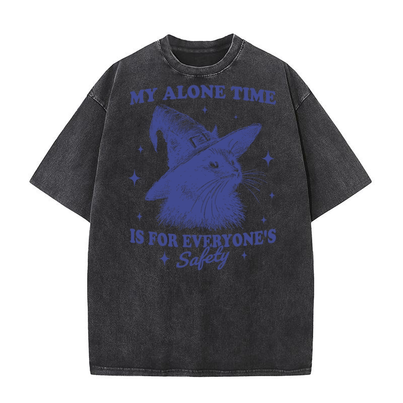 Cat Witch Hat Halloween L vBlue Washed T-Shirt