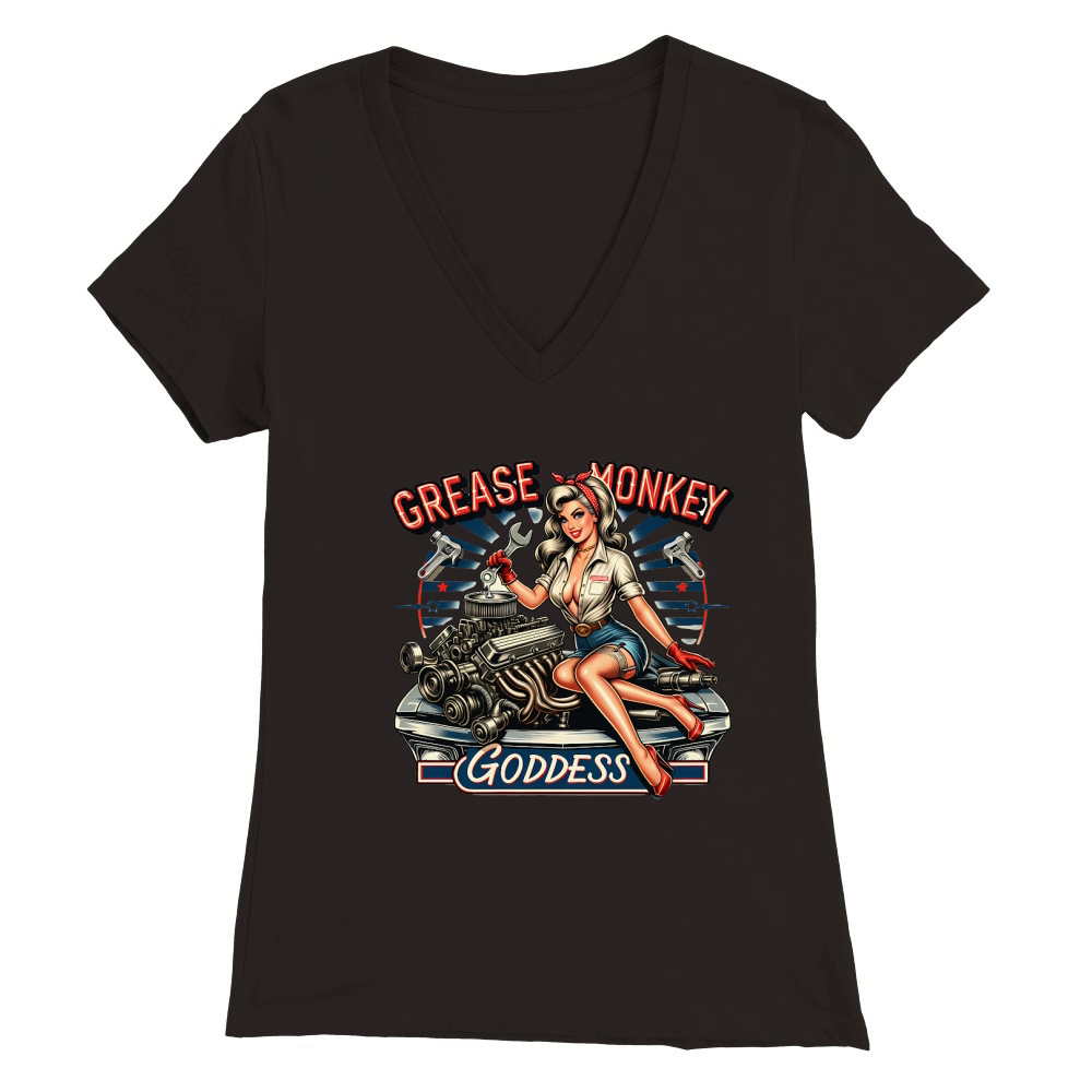 Retro Vintage grease monkey goddess Premium Womens V-Neck T-shirt