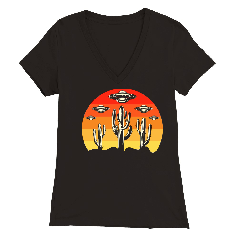 Vintage UFO Alien Cactus Premium Womens V-Neck T-shirt