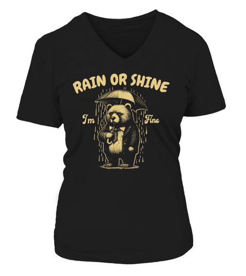 Rain or Shine Bear with Umbrella D Yellow V-neck T-Shirt Woman