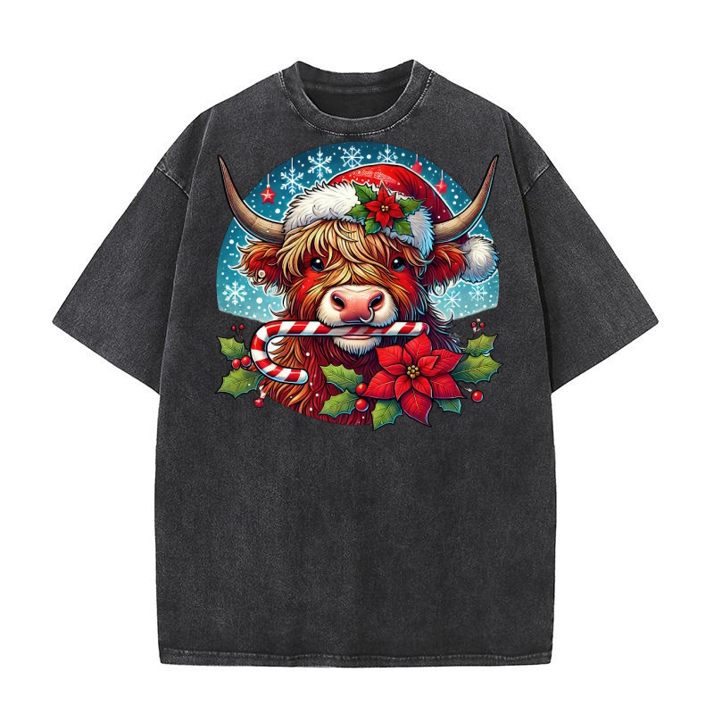Christmas Highland Cow Clipart Cute Washed T-Shirt