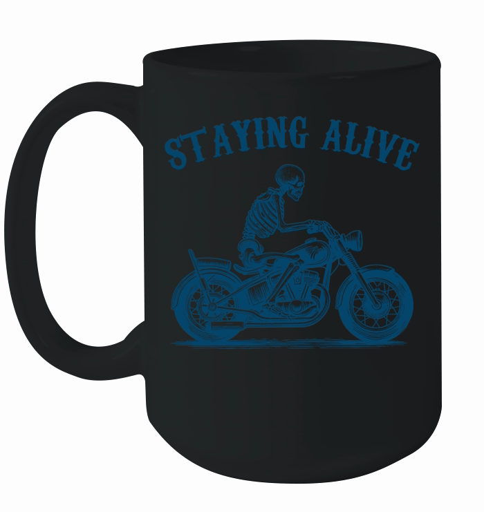 Staying Alive Skeleton riding Motorcycle L V2 Blue Ceramic Mug