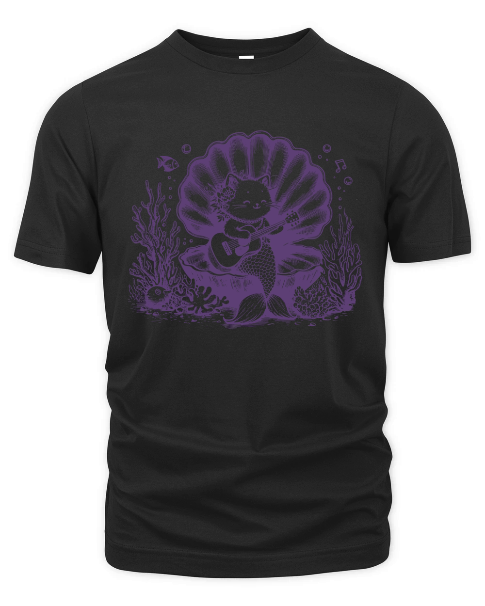 Cat Mermaid Playing Guitar L Violet Organic Unisex T-shirt