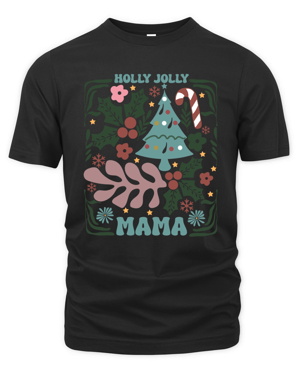 Holly Jolly Mama Christmas Retro Boho Floral Christmas Tree 2 Organic Unisex T-shirt