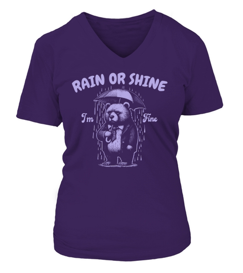 Rain or Shine Bear with Umbrella D Violet V-neck T-Shirt Woman
