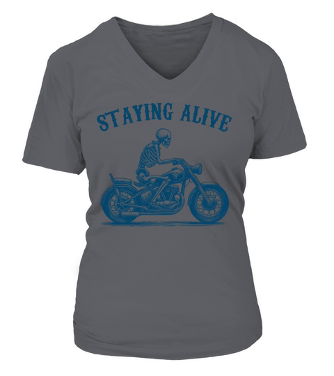 Staying Alive Skeleton riding Motorcycle L V2 Blue V-neck T-Shirt Woman