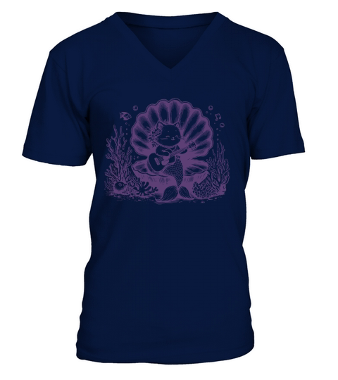 Cat Mermaid Playing Guitar L Violet V-Neck T-shirt