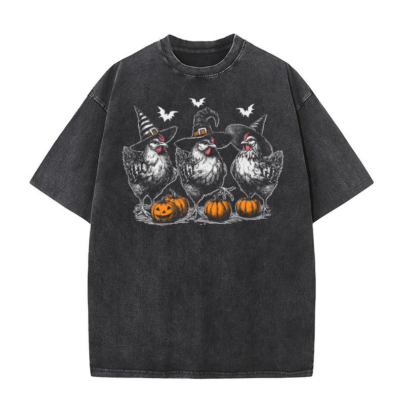 Chicken Witches Funny Halloween D Color Washed T-Shirt