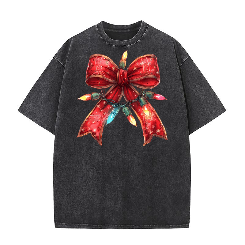 Christmas Light Red Coquette Bow 2 Washed T-Shirt