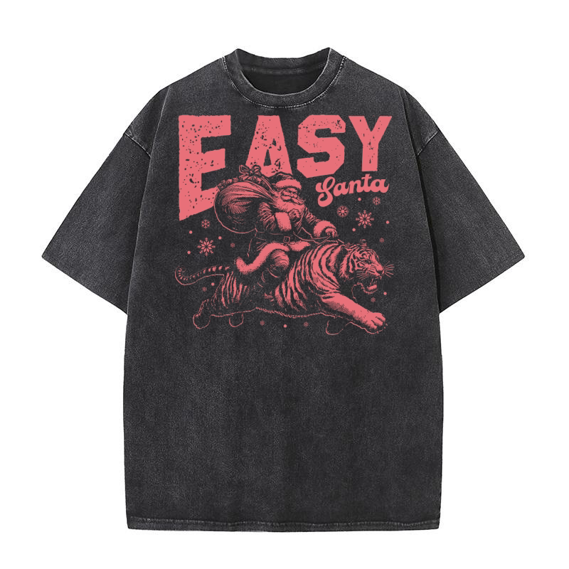 Easy Santa Riding Tiger D Retro Red Washed T-Shirt