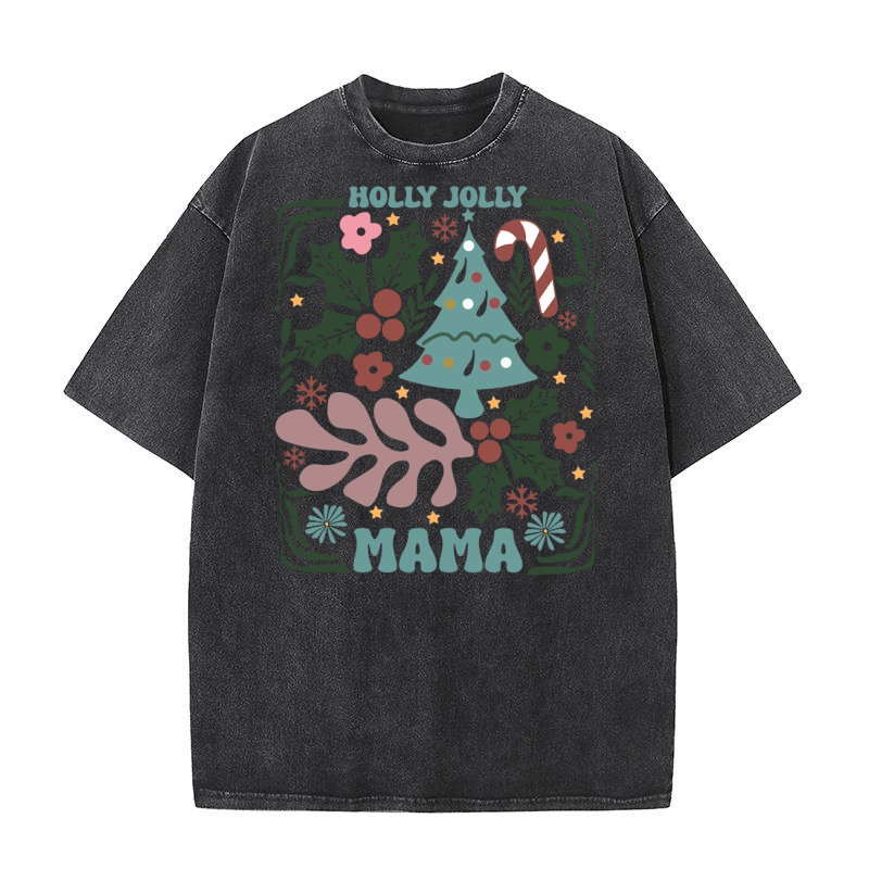 Holly Jolly Mama Christmas Retro Boho Floral Christmas Tree 2 Washed T-Shirt