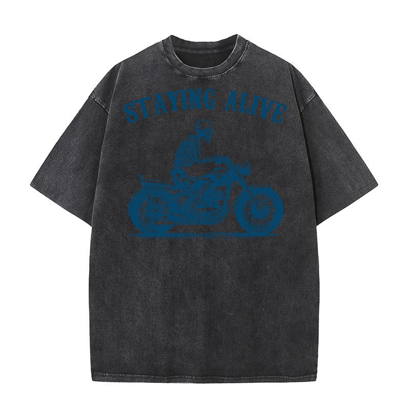 Staying Alive Skeleton riding Motorcycle L V2 Blue Washed T-Shirt